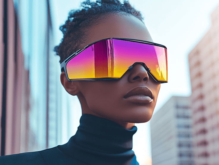 A pair of futuristic color-changing glasses displayed on a sleek surface