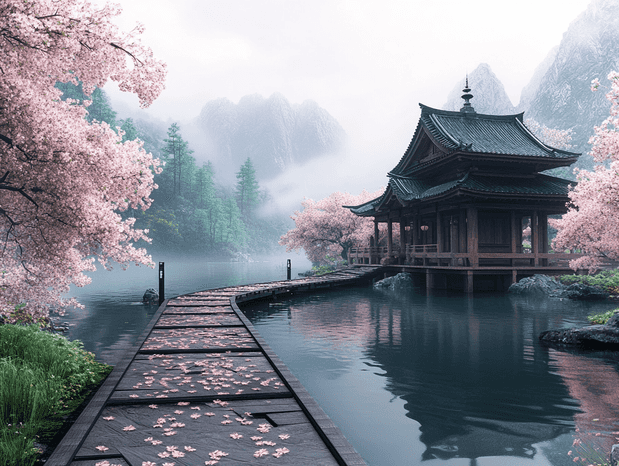 A picturesque Japanese temple surrounded by cherry blossoms