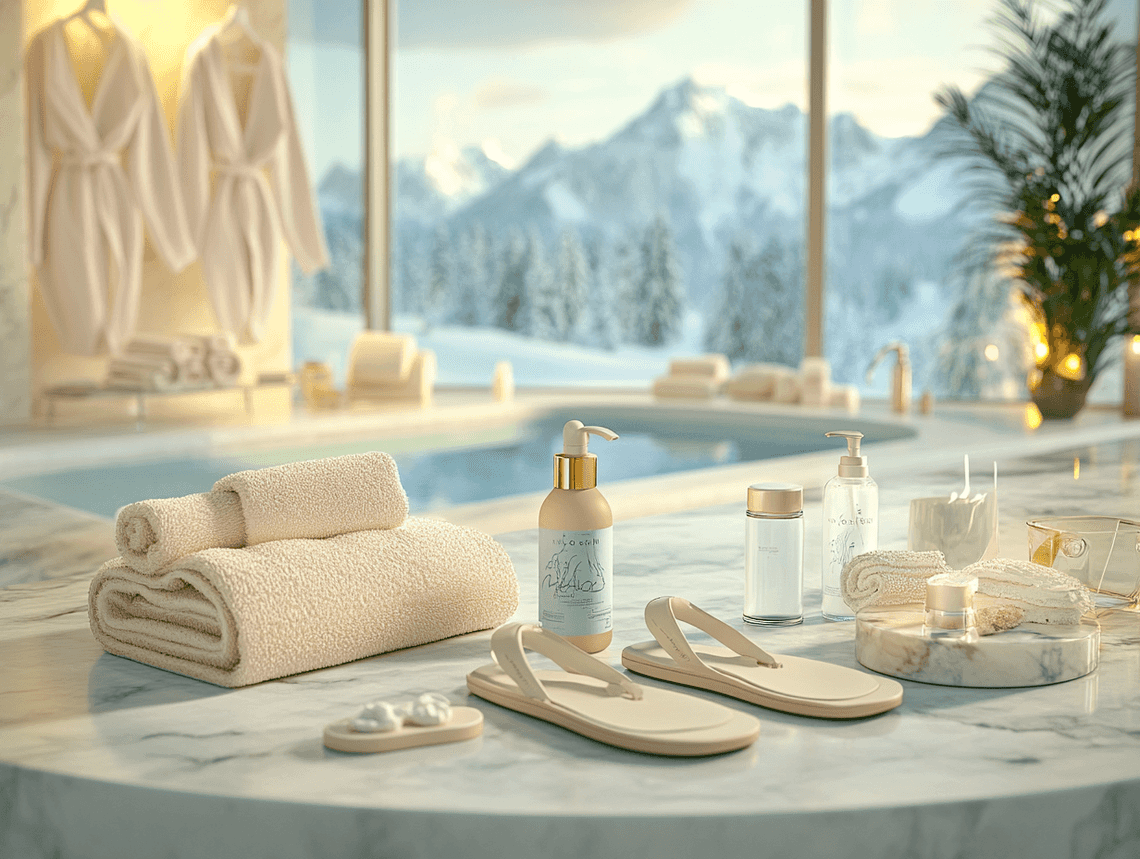 A cozy lounge area with a fireplace and a view of the snowy mountains