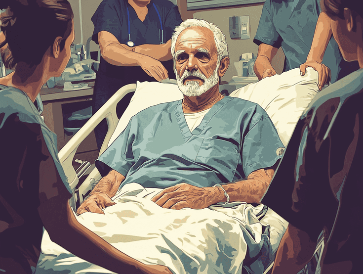 Ted Turner in a hospital setting, recovering with medical staff nearby