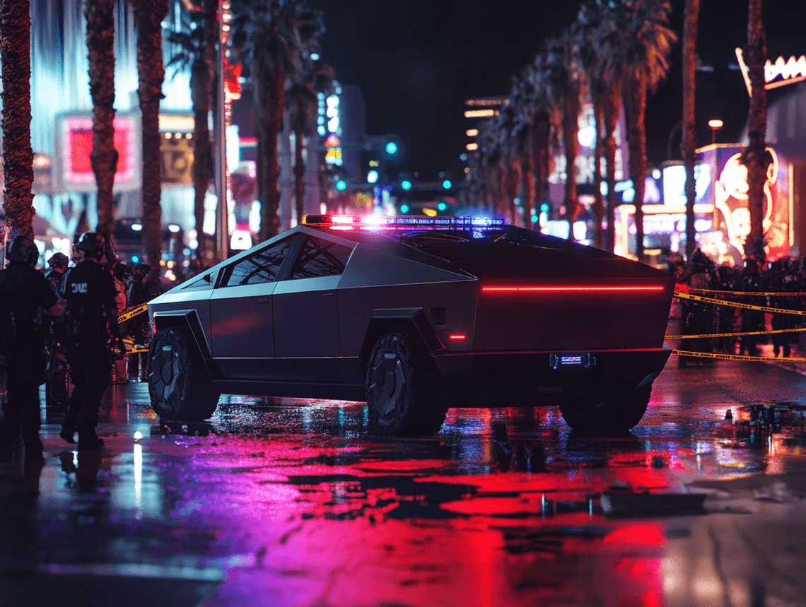 A Cybertruck parked on a busy Las Vegas street, surrounded by police tape and investigators.