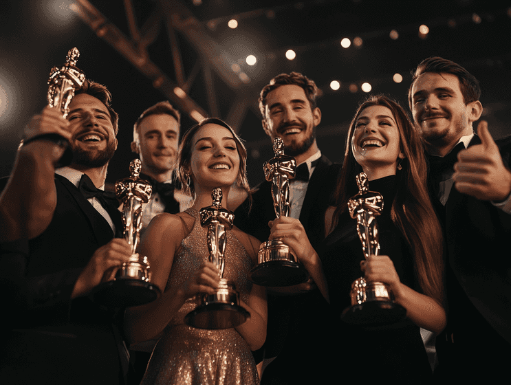 A young filmmaker holding a clapperboard on a film set