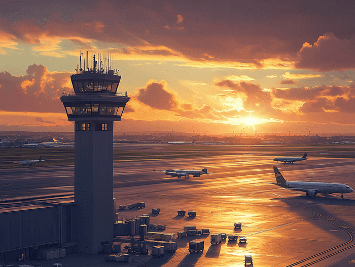A control tower overseeing a busy airport runway during sunset