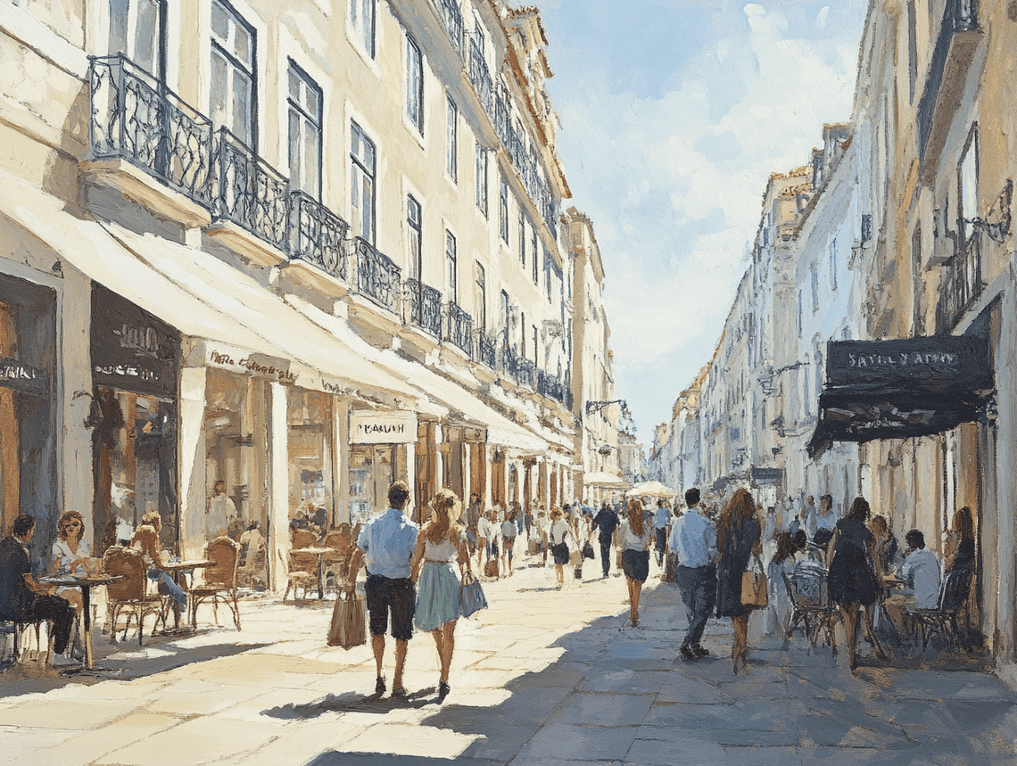 A vibrant street in Lisbon filled with shops and people strolling around