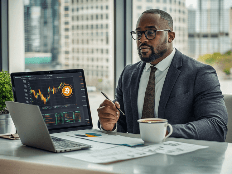 A visually striking Bitcoin logo with financial charts in the background