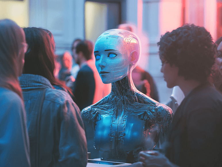 A futuristic depiction of AI blending into human social interactions
