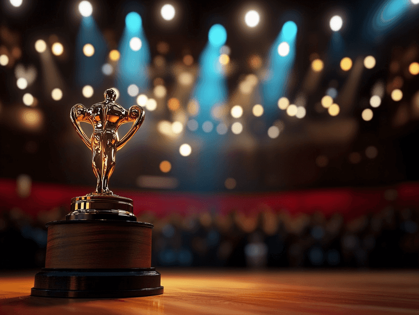 A red carpet event with actors and filmmakers celebrating their success