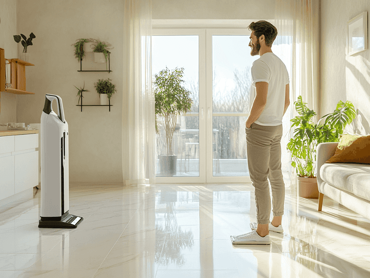 A happy homeowner admiring their spotless floors after using the mop