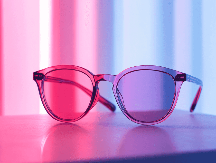 A person wearing color-changing glasses outdoors, with lenses adapting to sunlight