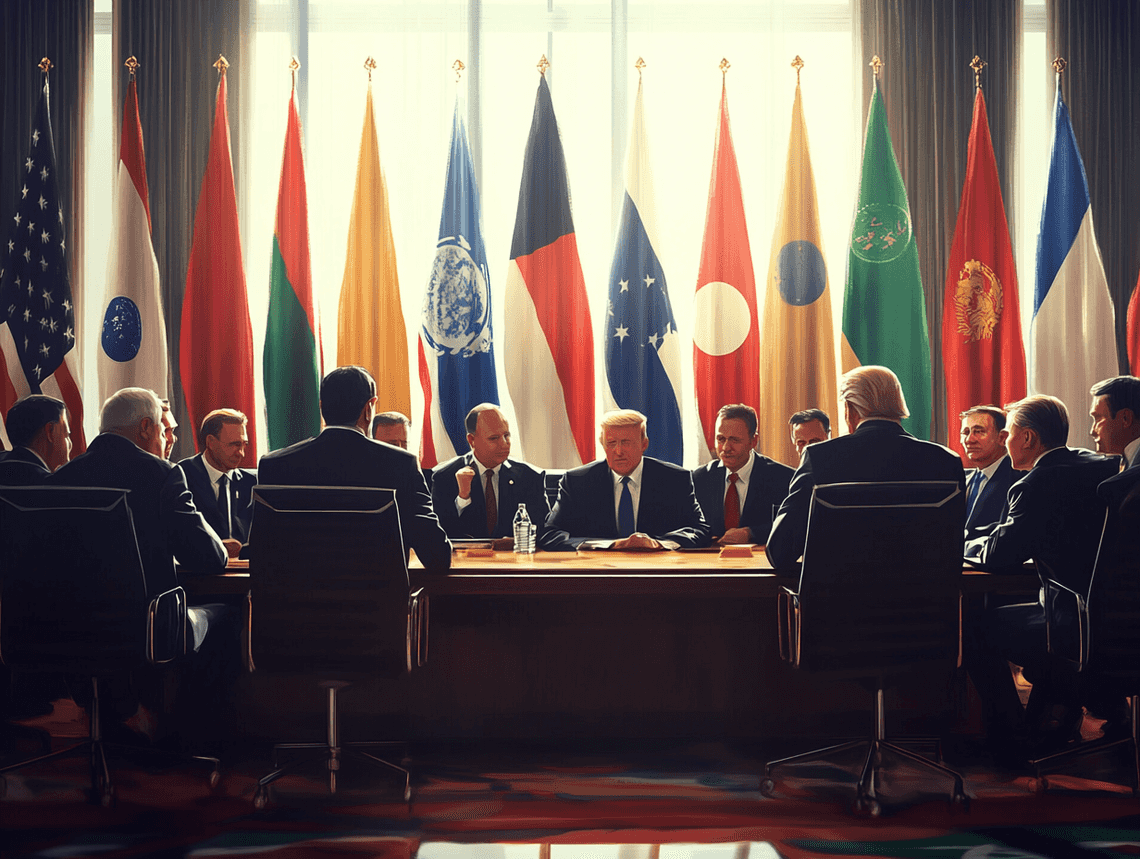 A group of international leaders in discussion at a summit