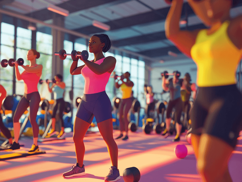 A diverse group of people exercising together in a bright, modern gym