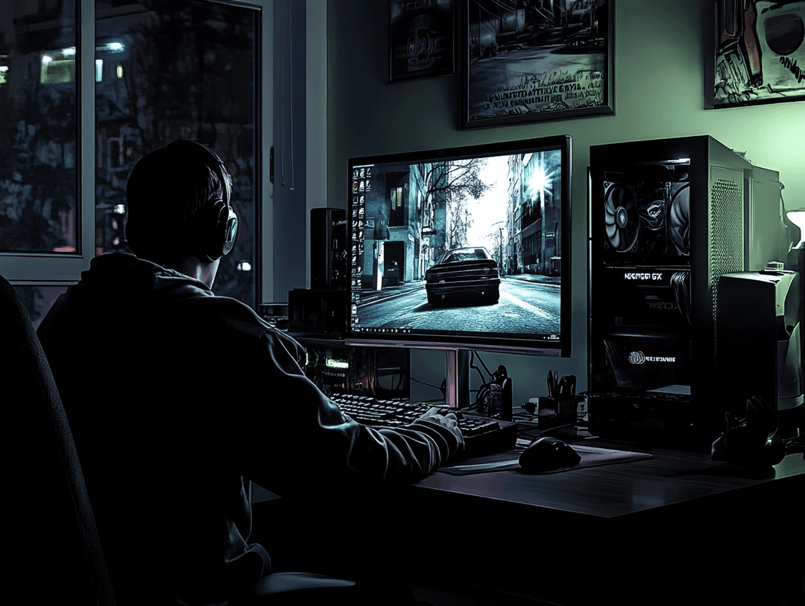 A high-performance sports car racing through a neon-lit urban street at night