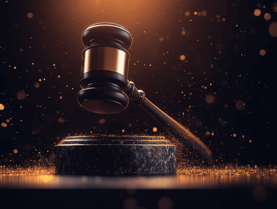 A courtroom scene with a judge and legal documents on the bench