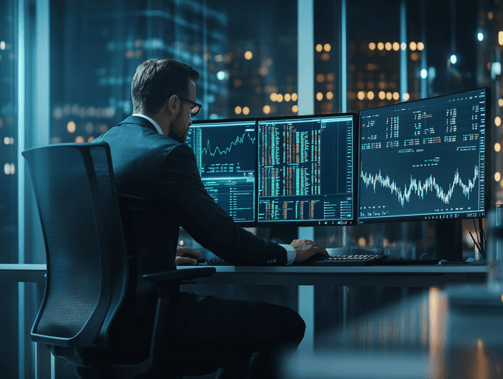 A professional financial advisor analyzing stock market trends on a computer screen