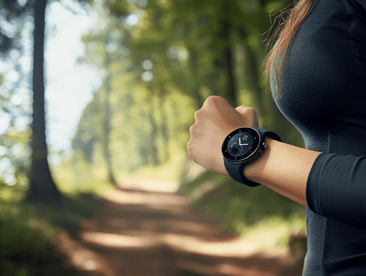 A person wearing the Samsung Galaxy Watch FE while jogging outdoors