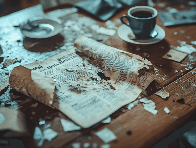 A close-up of a torn tabloid magazine with the headline "Scandal Exposed"