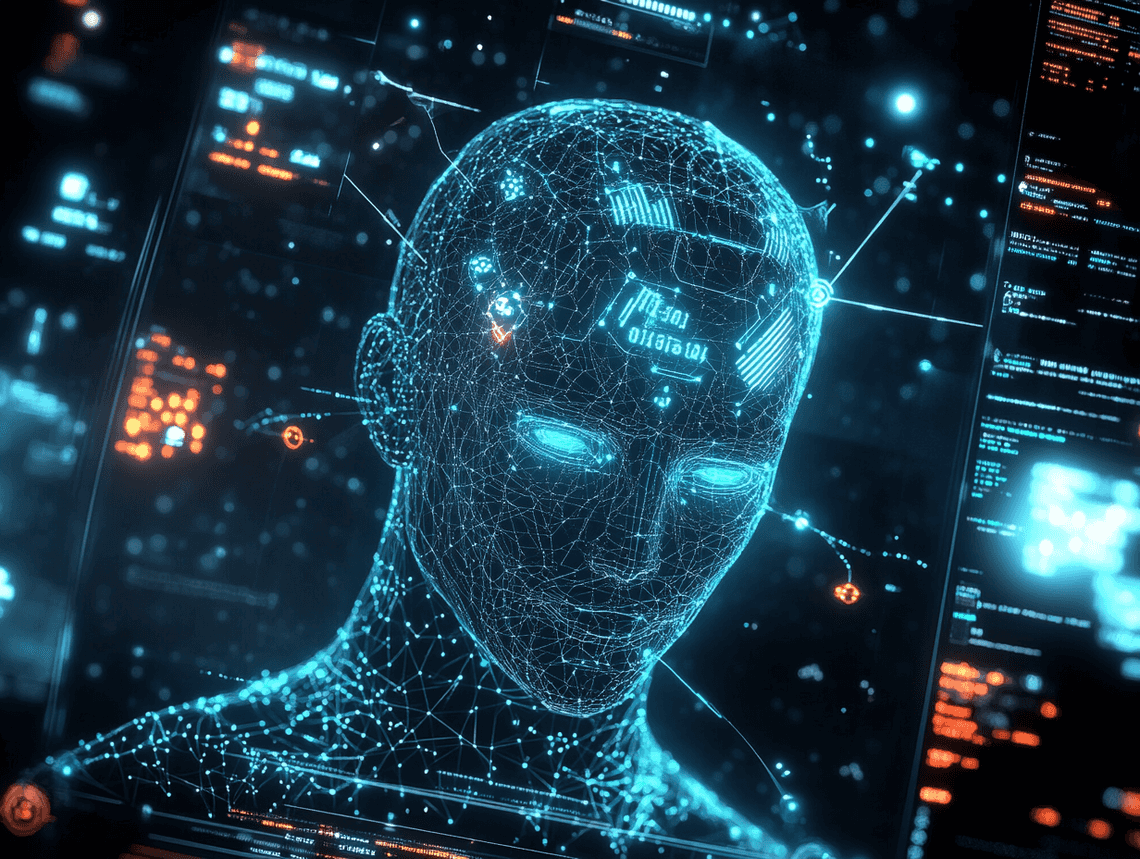 A futuristic AI interface with glowing data streams and a delayed progress bar