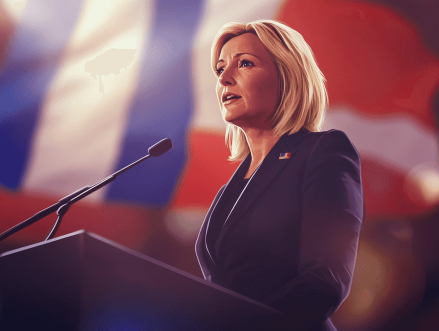 Marine Le Pen speaking at a political event, with a backdrop of the French flag