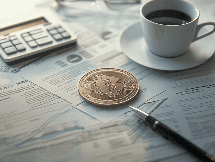 A futuristic trading floor with Bitcoin and financial symbols