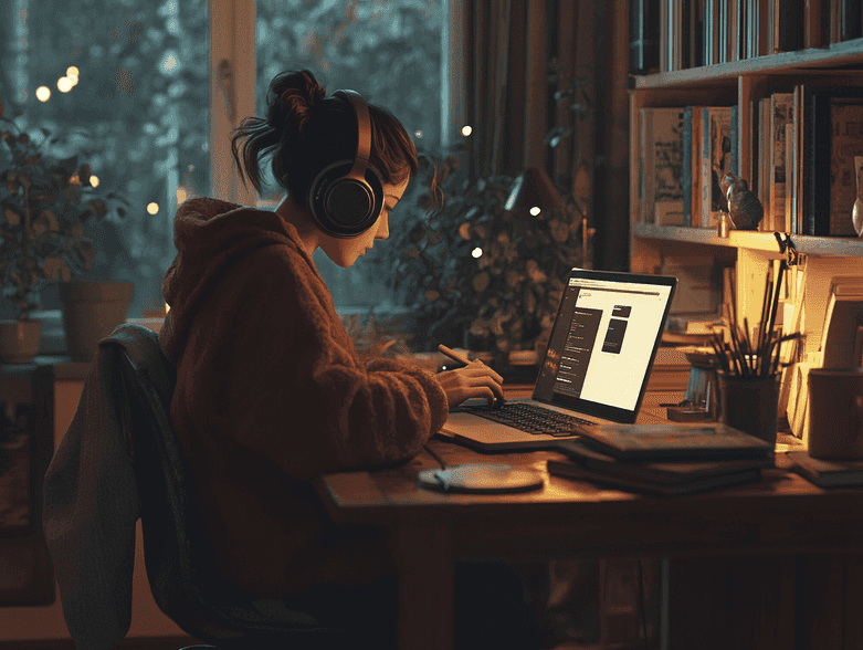 A person wearing Sony headphones while working on a laptop in a cozy setting