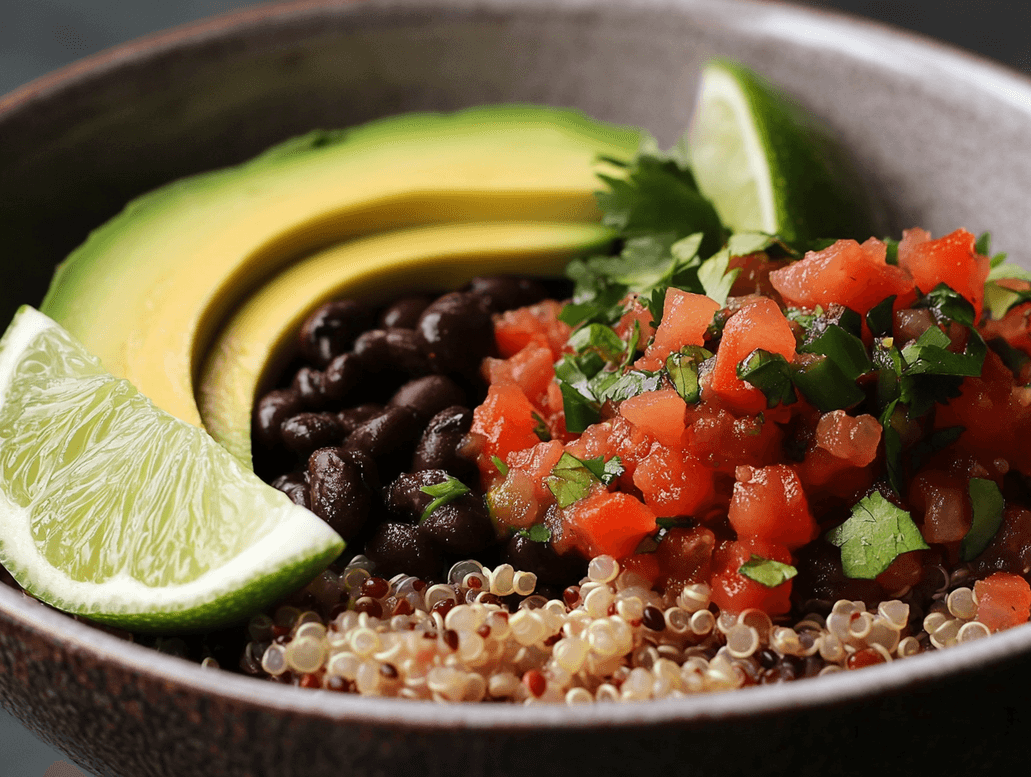 A kitchen counter filled with fresh vegetables, grains, and proteins ready for meal prep