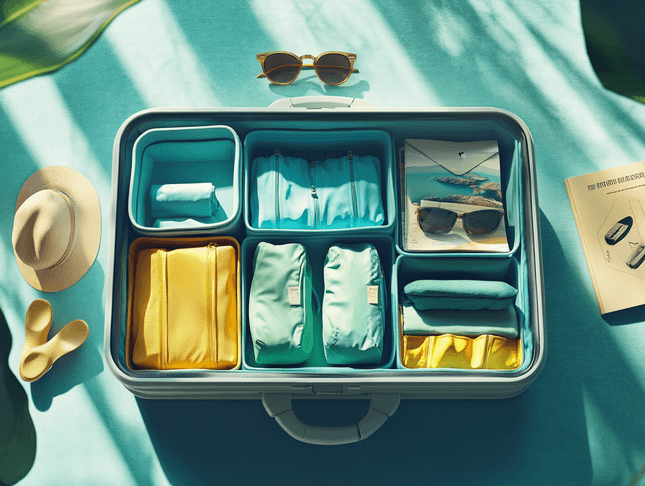 A suitcase with neatly packed cubes and shoes stored separately