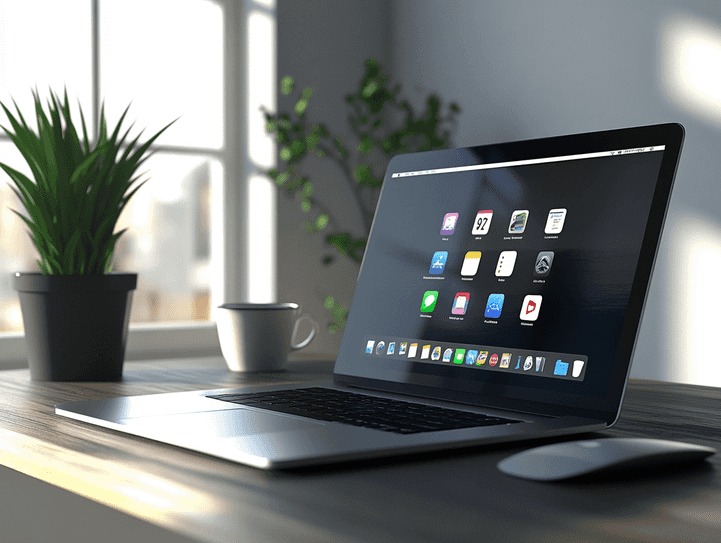 A sleek MacBook on a desk with multiple apps open on the screen