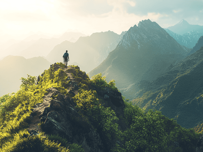 A person hiking through a scenic mountain trail, symbolizing newfound energy and passions