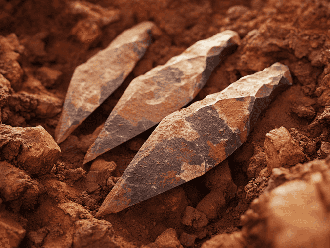 Close-up of ancient stone tools on a dusty excavation site