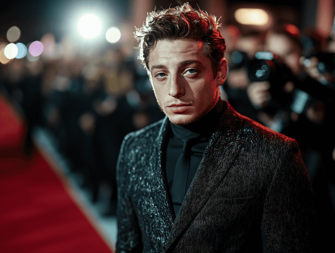 Jeremy Allen White at a red carpet event, looking confident and stylish