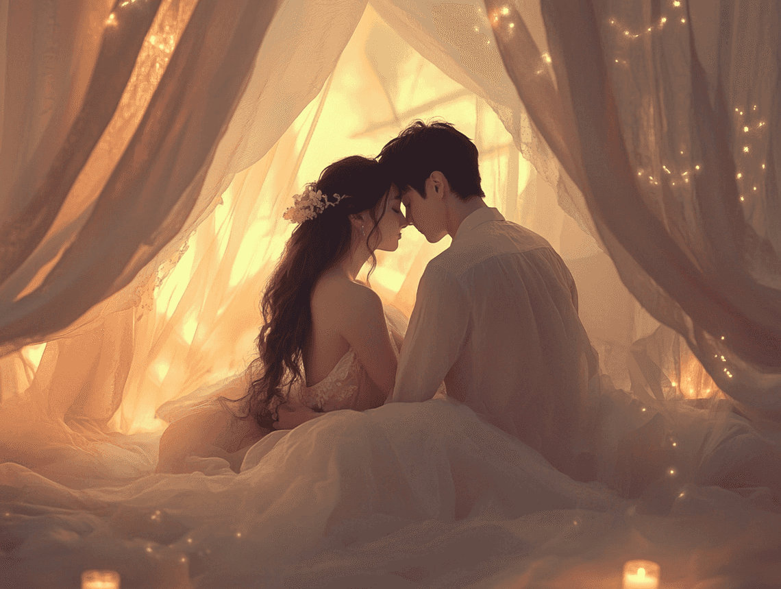 A fiery and passionate couple embracing in a dimly lit room