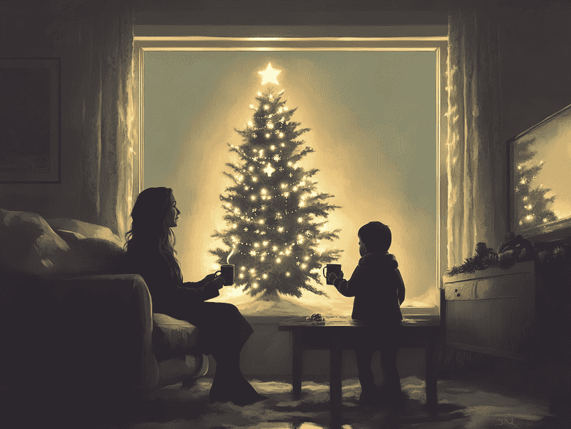 A close-up of a mother and son sharing a heartfelt hug during Christmas