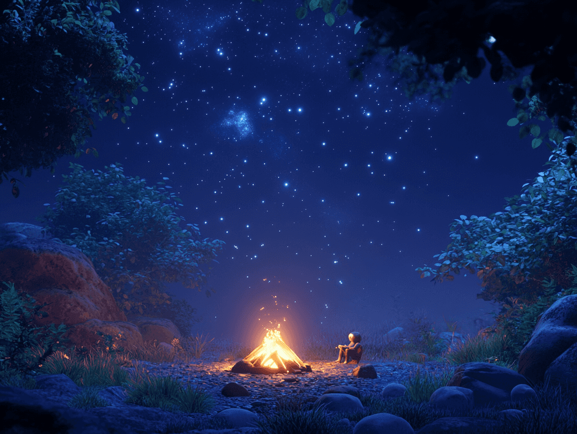 A serene and emotional game scene featuring a campfire under the stars