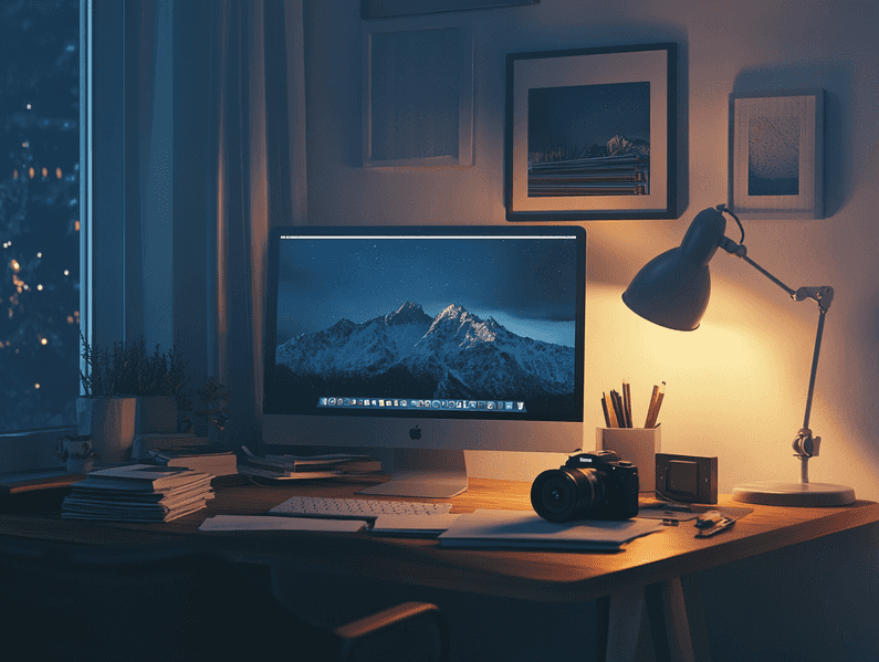 A professional workspace with a laptop and external storage devices