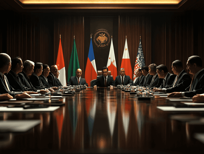 A tense diplomatic meeting with officials from various nations seated around a table