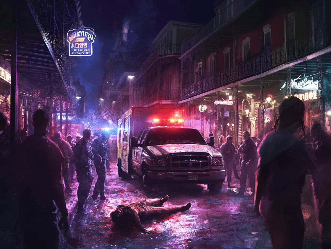 A crowded Bourbon Street at night with flashing lights and people in panic
