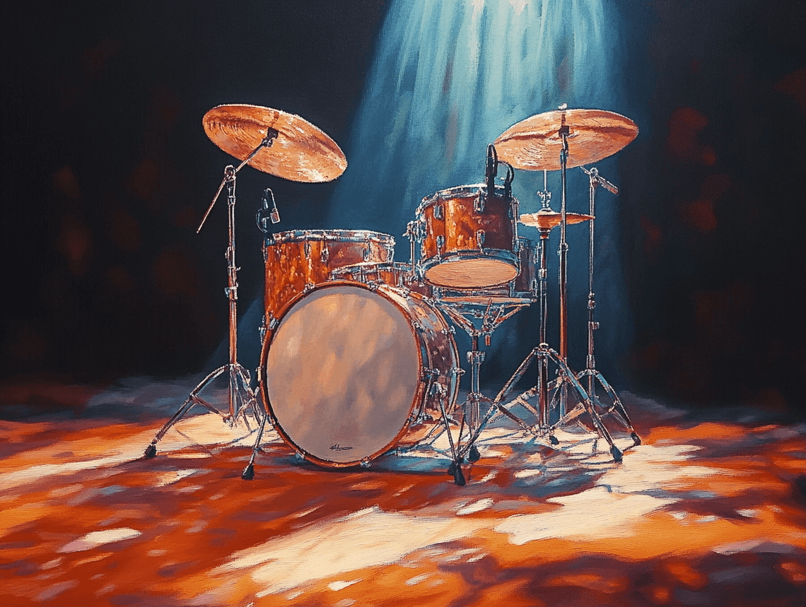 A vibrant image of a drum set on an empty stage, symbolizing the anticipation of a musician’s return.