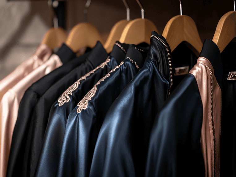 A modern satin jacket paired with high-waisted trousers and accessories