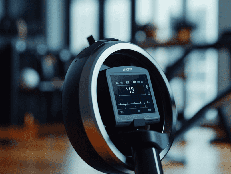 A close-up of a rowing machine in use, with a focus on the handle and display screen
