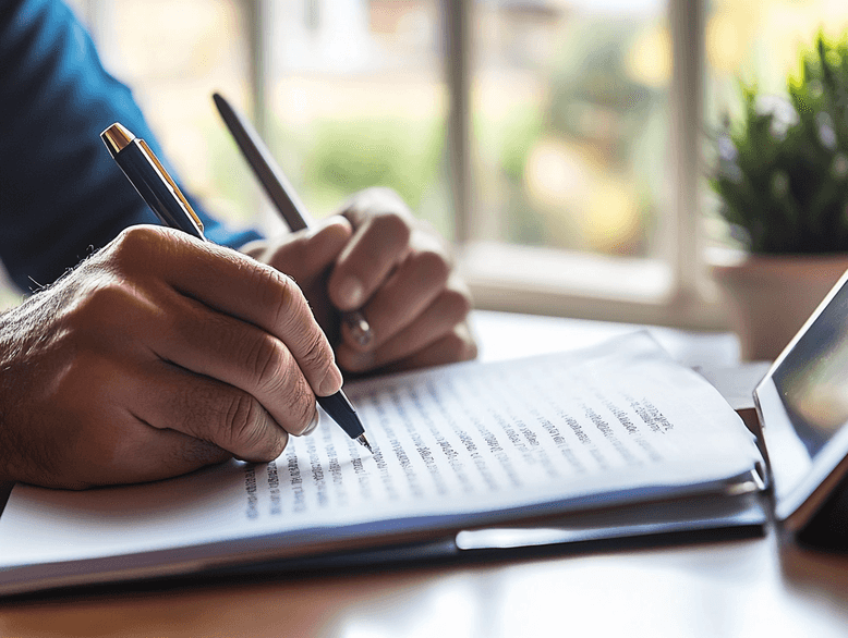 A person writing with a smart pen on a notebook, with a tablet displaying the digitized text