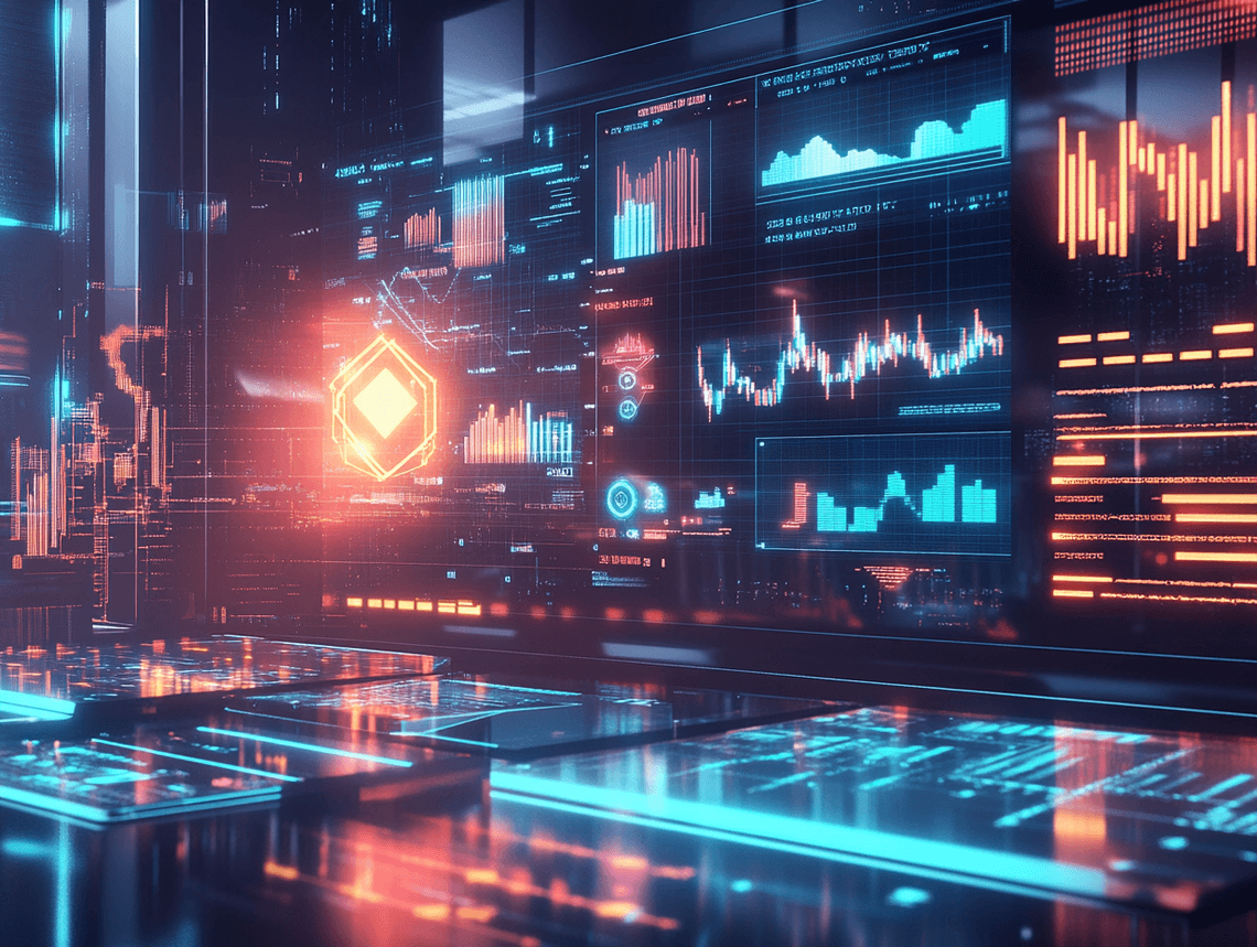 A futuristic digital interface showcasing financial technology innovations