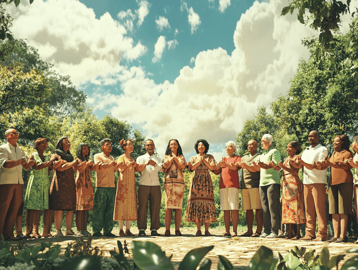 A diverse group of people holding hands and standing together in solidarity