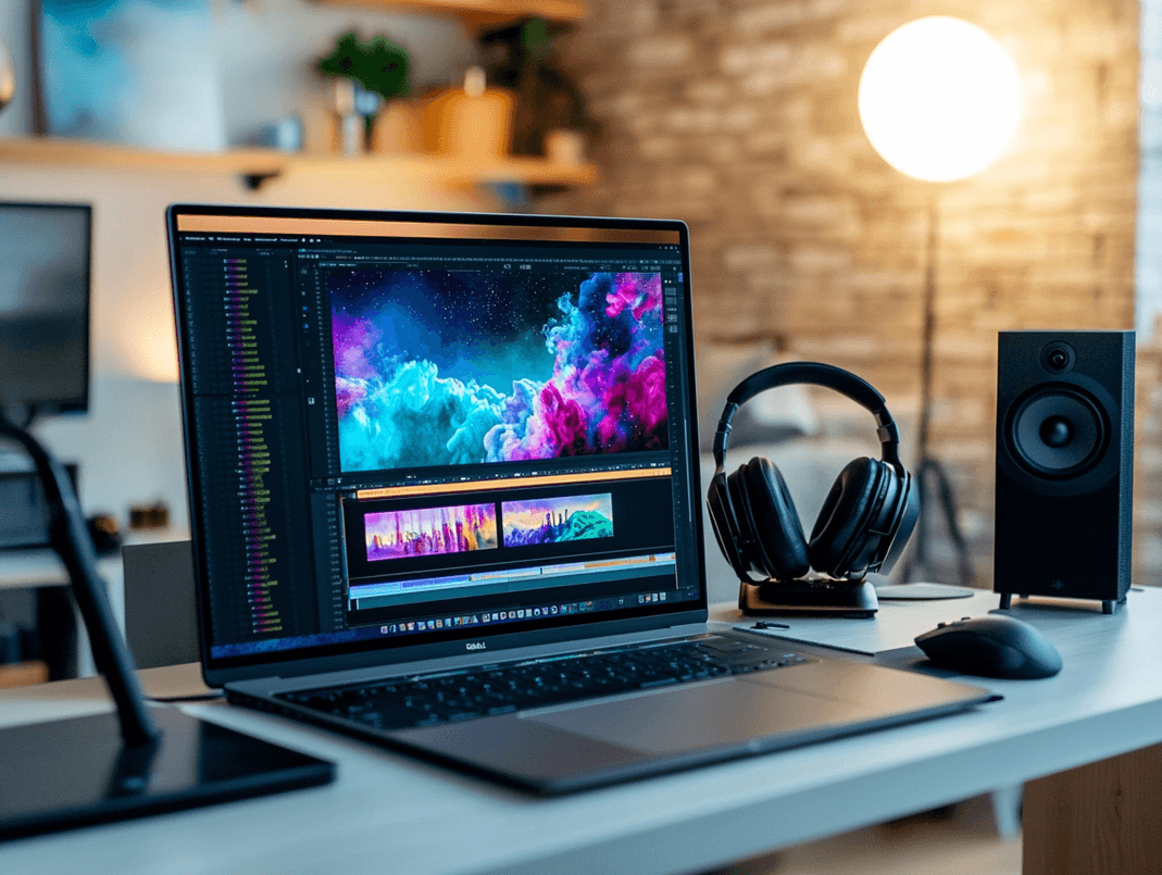 A sleek laptop on a desk with video editing software open on the screen