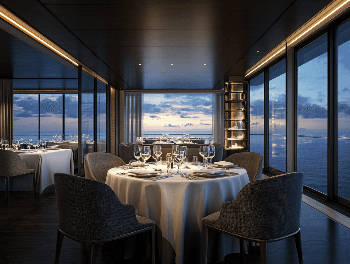 A luxurious cruise ship dining area with panoramic ocean views