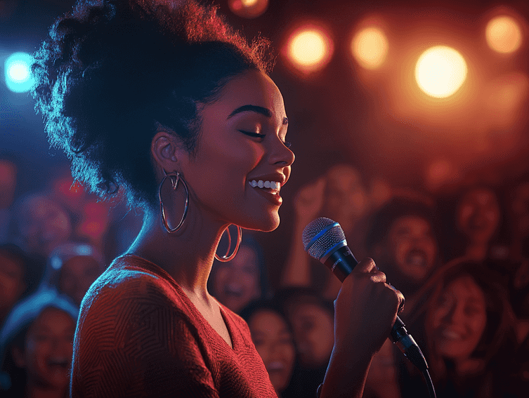 A close-up of Sasha Merci performing on stage, smiling confidently