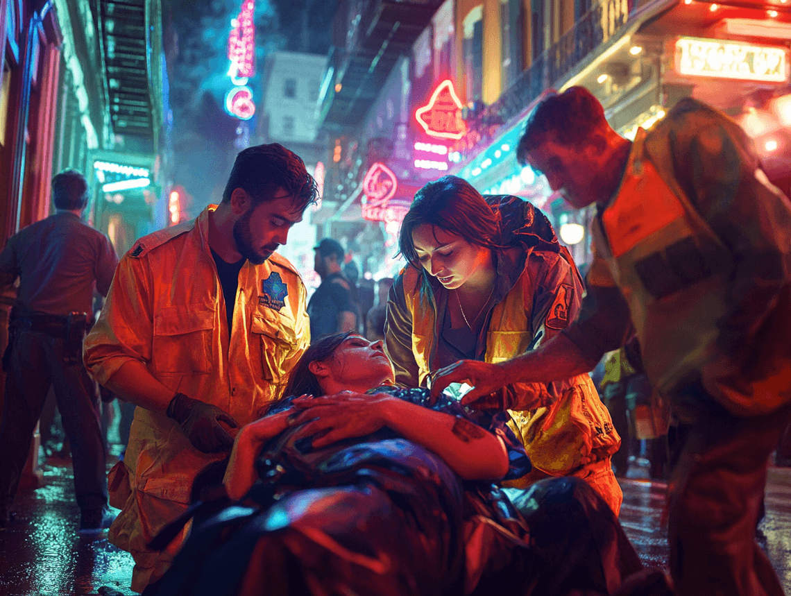 Emergency responders and bystanders at the scene of an accident on a crowded street