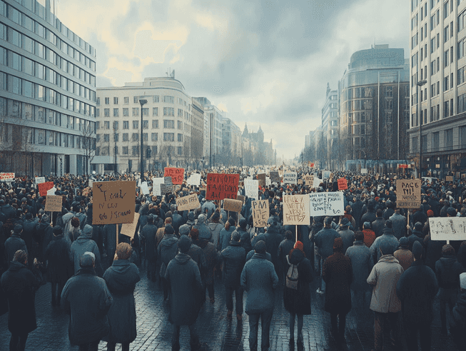 A crowd of protesters holding signs and banners, reflecting the divided public opinion