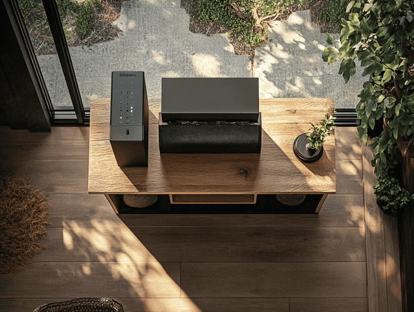 A cozy living room with the wooden side table PC blending seamlessly into the decor