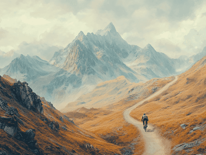 A cyclist riding on a scenic mountain trail, enjoying a steady pace
