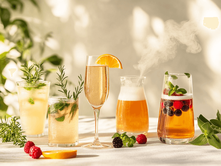 A colorful array of non-alcoholic beverages served in elegant glassware with garnishes like mint and fruit